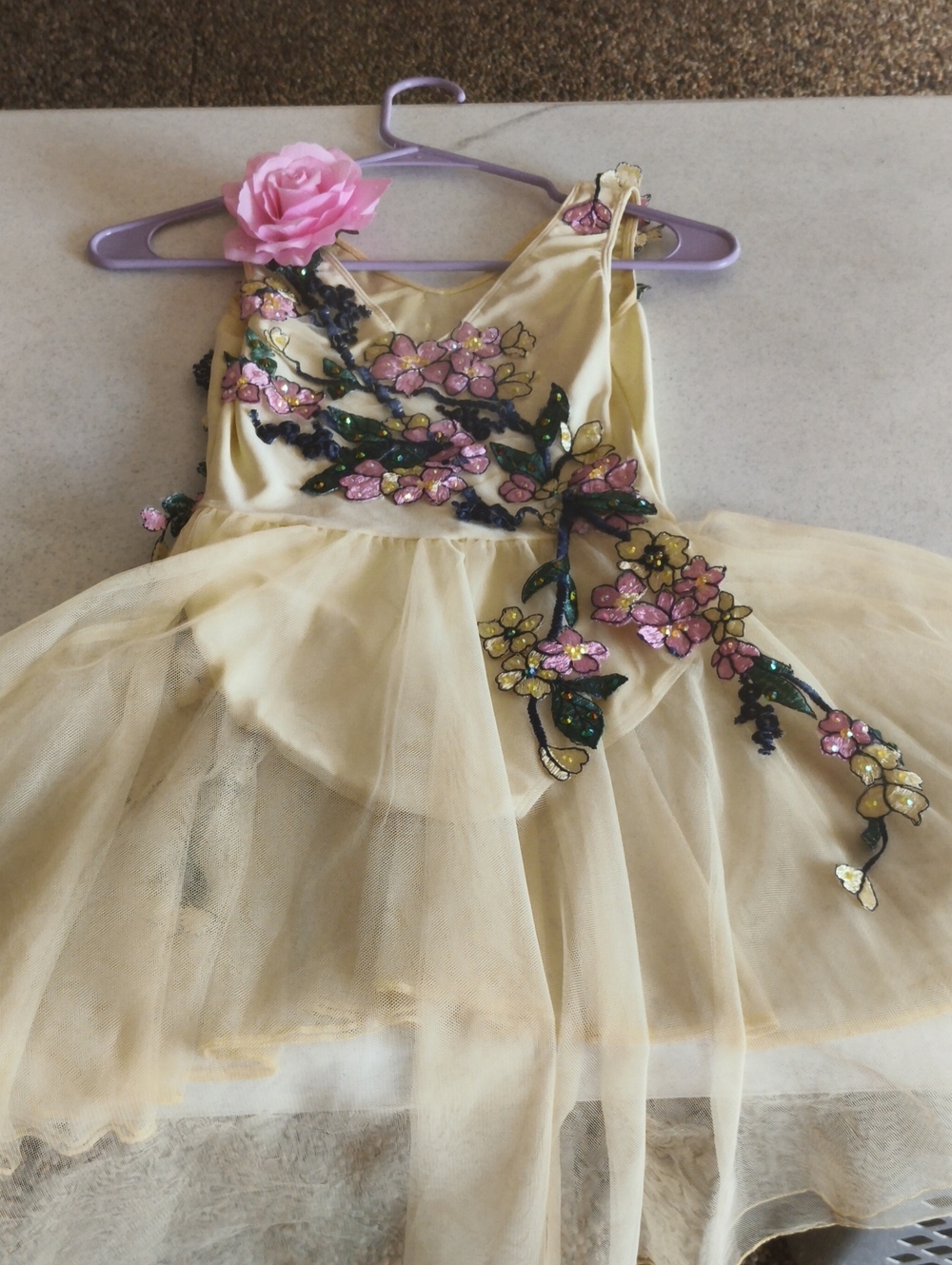 Wish Yellow Tulle Dress with Pink & Green Floral Appliqués